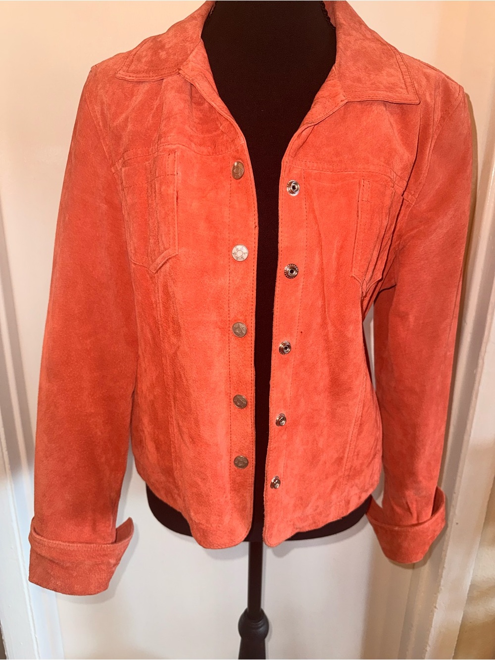Live a Little Coral Genuine Suede Leather Jacket Petite M Snap Front Y2K